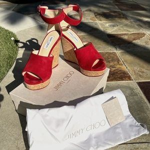 Jimmy Choo Neyo 120 red Cutout Suede Ankle-Strap Cork Wedge Sandals size 9.5